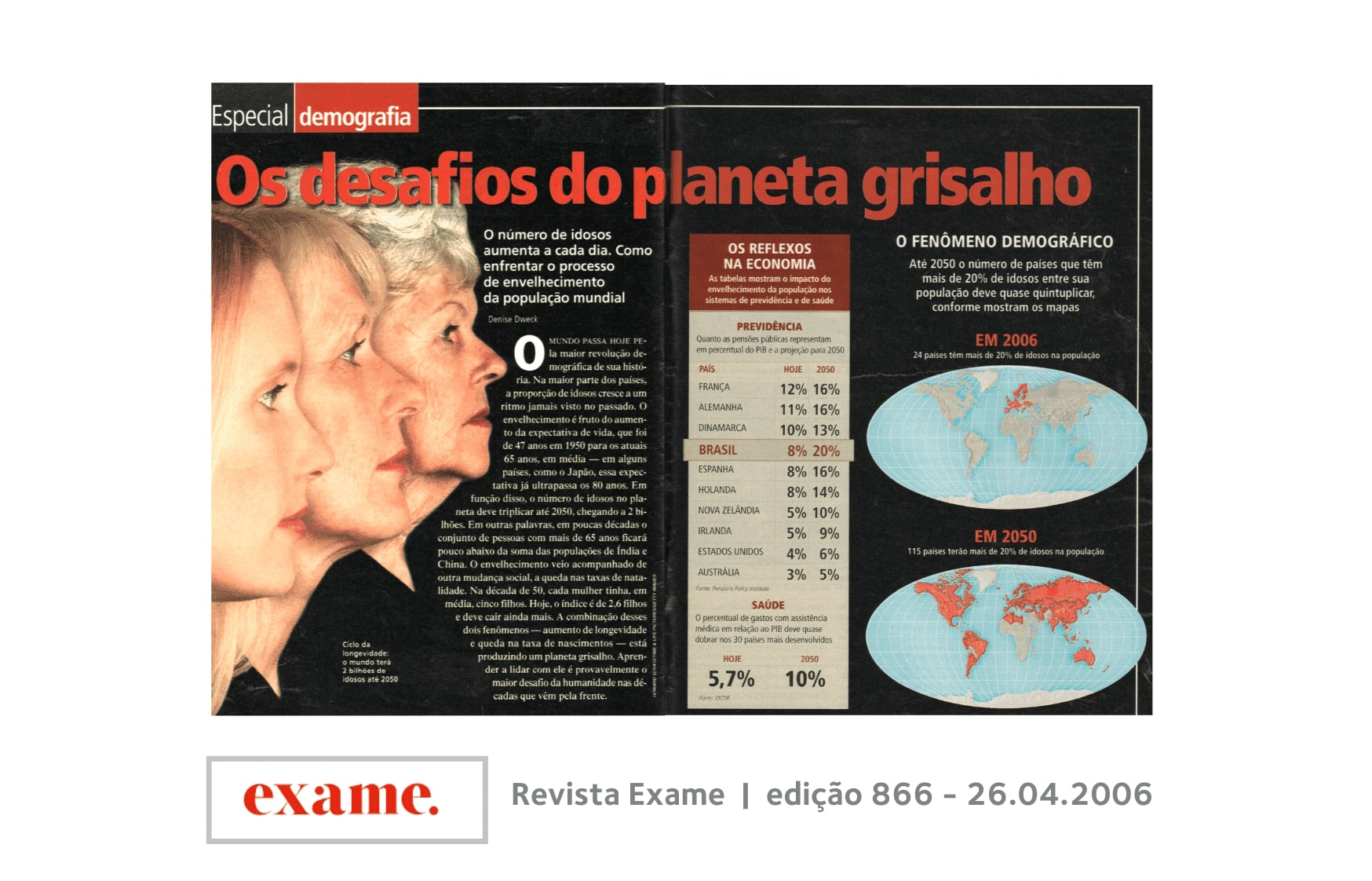 Entrevista à Revista Exame para a matéria sobre o envelhecimento global, abordando a questão da previdência social: “os sistemas mistos de contribuição devem ser uma tendência para resolver o problema das pensões públicas em diversos países”, diz Andrea Prates, coordenadora executiva do Centro Internacional de Informações para o Envelhecimento Saudável. “nesse aspecto, a Suécia foi a pioneira na solução”.