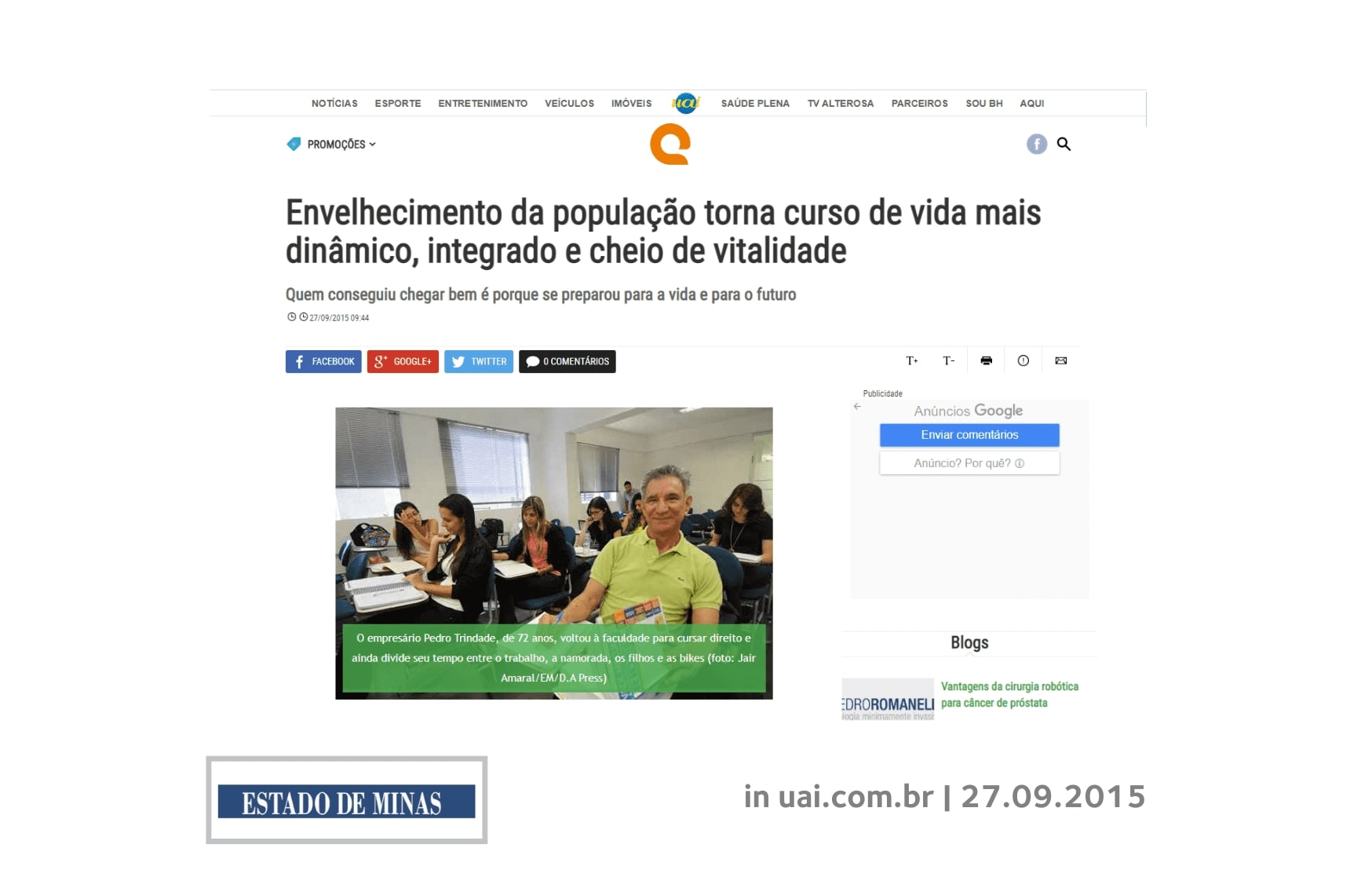 Em matéria do Jornal Correio Braziliense a respeito do envelhecimento, do medo do tempo e do idadismo. A geriatra e gerontóloga Andrea Prates, mestre em Promoção de Saúde pela Universidade de Londres... explica que o processo de envelhecimento está relacionado a vários aspectos: físicos, emocionais, financeiros, sociais, etc. “um dos preconceitos que a gente mais tem, hoje em dia, é com relação à idade”, analisa. “É algo muito arraigado. Não vemos pessoas, mas números”, critica.